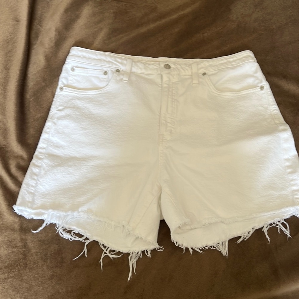 High Rise White Frayed Hem Denim Shorts Size 33